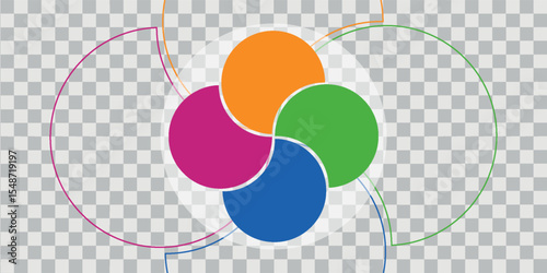 Colorful overlapping circles of infographic pie chart divided into 4 parts. Diagram, chart with 4 steps, options, parts, processes with colorful petals. Vector Illustration.