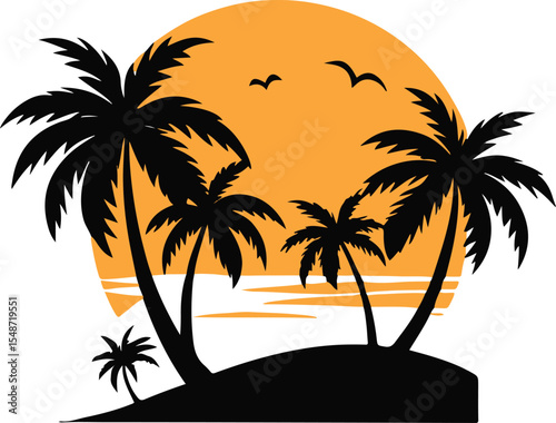 Colorful Sunset Paradise with Beach Castle and Cartoon Palm Trees.