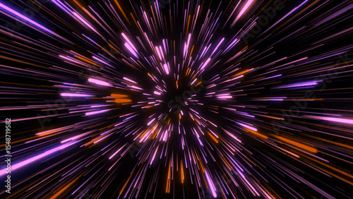 Abstract Hyper Speed Light Trails in Space with Purple and Orange Colors This image shows