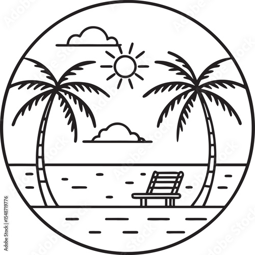Minimal Palm Island Scene Featuring Waves, Trees and Horizon.