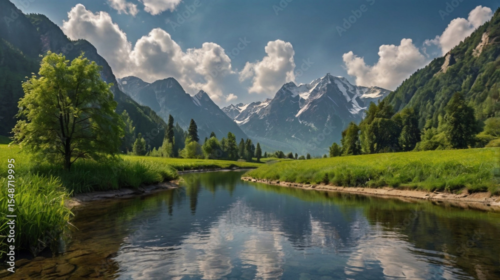 Fototapeta premium Mountain landscape with alpine meadow and colorful forest at sunset.