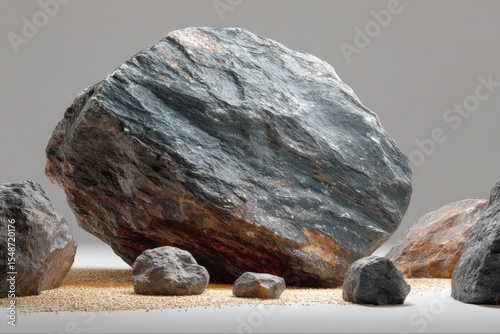 Large rugged dark gray and black rocks with textured surfaces on sandy ground, natural mineral stones for outdoor landscaping and decoration
