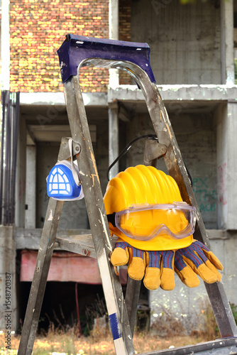  helmet on a ladder