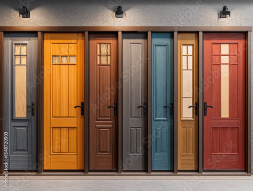Colorful wooden doors on a modern building exterior with diverse designs and textures for home entryways and architectural decor
