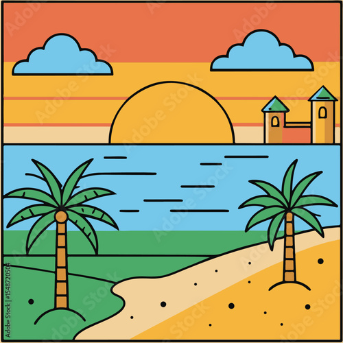 Sunset Beach Landscape with Palm Trees, Colorful Castle and Clouds.