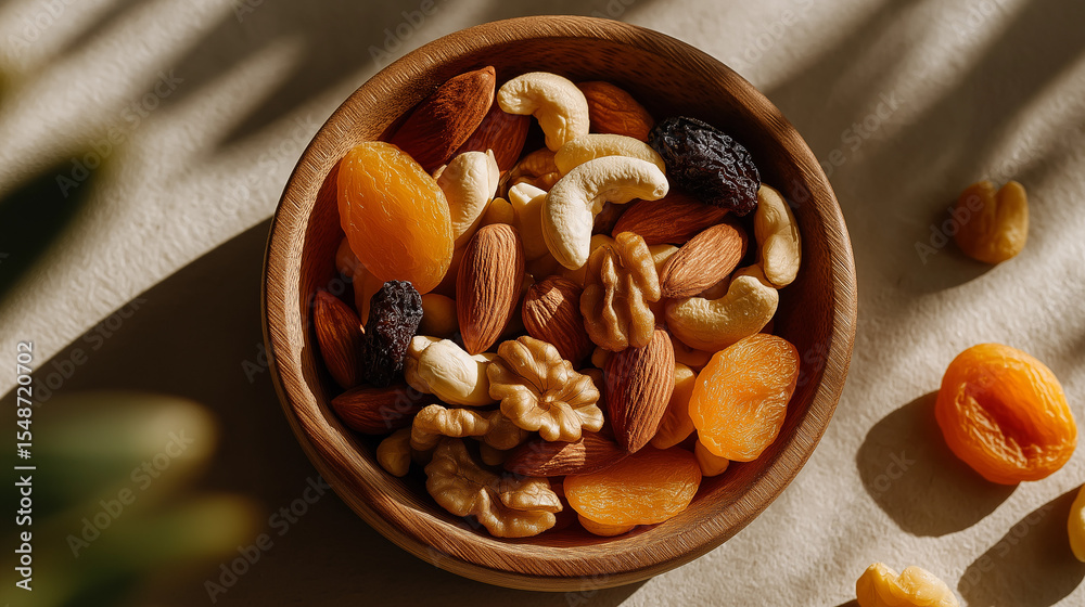 A Nutty Bowl of Goodness: An inviting overhead view of a wooden bowl brimming with a diverse selection of nuts and dried fruits, artfully arranged to highlight textures and colors. A Nutty Bowl of Goodness: An inviting overhead view of a wooden bowl brimming with a diverse selection of nuts and dried fruits, artfully arranged to highlight textures and colors.
