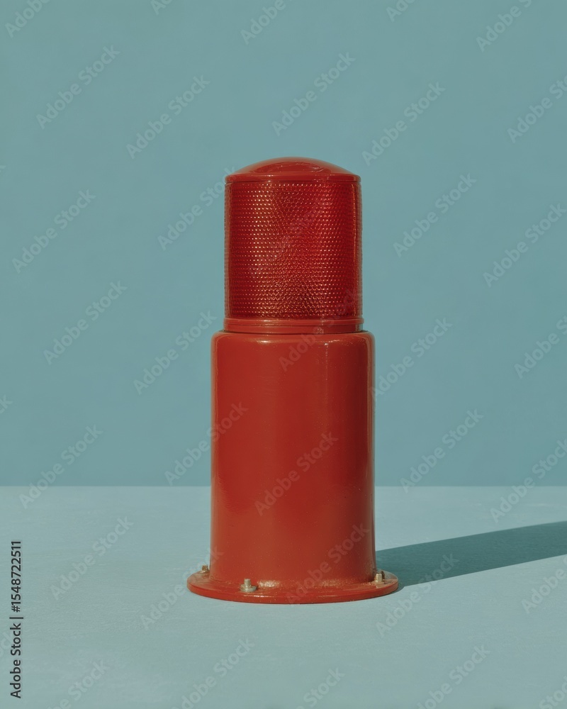 Obraz premium Modern Red Emergency Siren Alert Light with Cylindrical Beacon Design on Minimalist Blue Background for Rapid Warning Systems