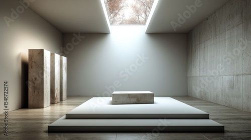 Minimalist Modern Interior Design Space with Concrete Walls and Sunlight Streaming Through Skylight with Simple Platform photo