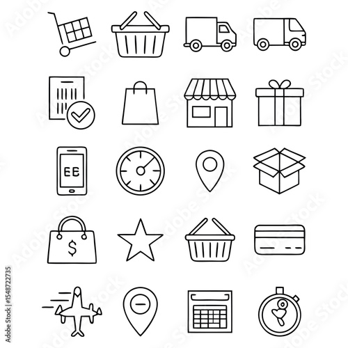 E-commerce and Delivery Outline Icon Set — Shopping Cart, Delivery Truck, Gift, Barcode, Payment, and Store Icons Collection.

