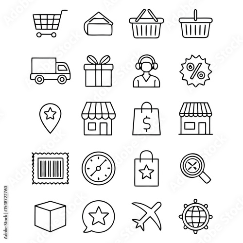 E-commerce and Delivery Outline Icon Set — Shopping Cart, Delivery Truck, Gift, Barcode, Payment, and Store Icons Collection.

