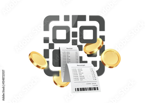 Receipt paper leaks out after paying for purchases or transferring money online by scanning QR code, vector 3d isolated on white background for digital payment, digital wallet concept design