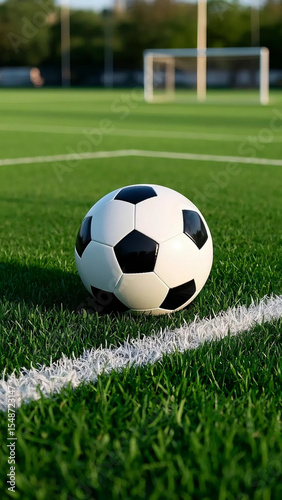 Realistic Close-Up of Soccer Ball on Fresh Green Field, No Players