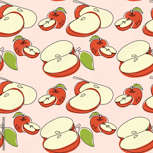 Line art apples whole and slice seamless pattern. Hand drawing pattern. Beautiful vector seamless pattern with apples. Suitable for wallpaper, web page background, surface textures, textile.