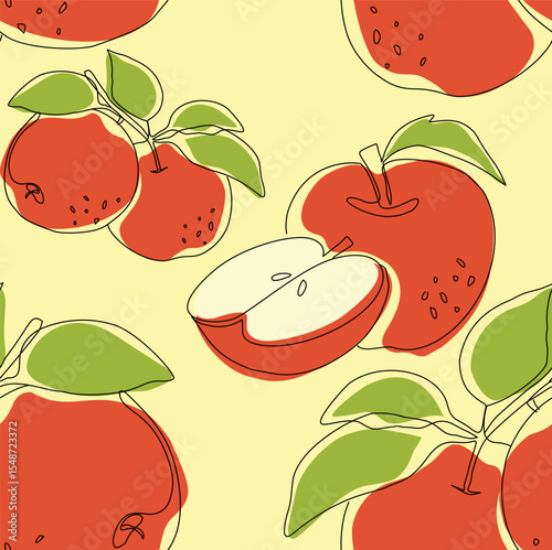 Line art apples whole and slice seamless pattern. Hand drawing pattern. Beautiful vector seamless pattern with apples. Suitable for wallpaper, web page background, surface textures, textile.