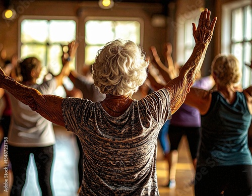 Generated image of older women exercising in an exercise class to stay healthy and fit. 