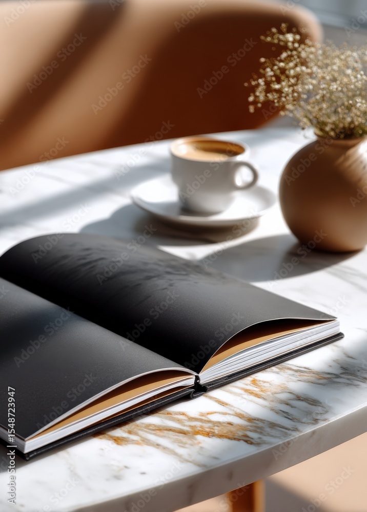 Naklejka premium Bright Sunlight Streaming Over Open Book and Coffee Cup on Marble Table in Cozy Modern Home Office Space