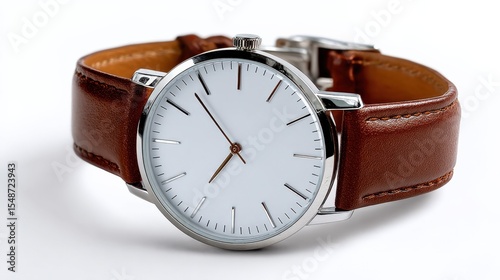 Wallpaper Mural Elegant minimalist wristwatch with a large round white dial, simple black hour markers and a brown leather strap for men and women Torontodigital.ca