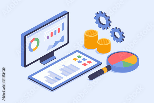 Isometric Business Data Analysis and Financial Growth with Charts and Graphs