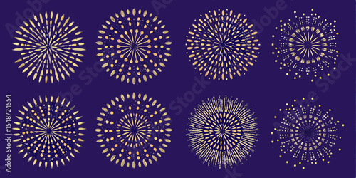 Golden fireworks on a dark blue background for festive celebrations and events