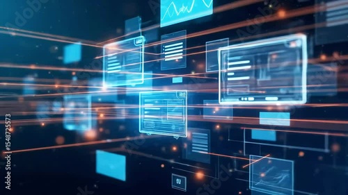 Futuristic digital interface with floating data screens and glowing lines in a tech-inspired environment