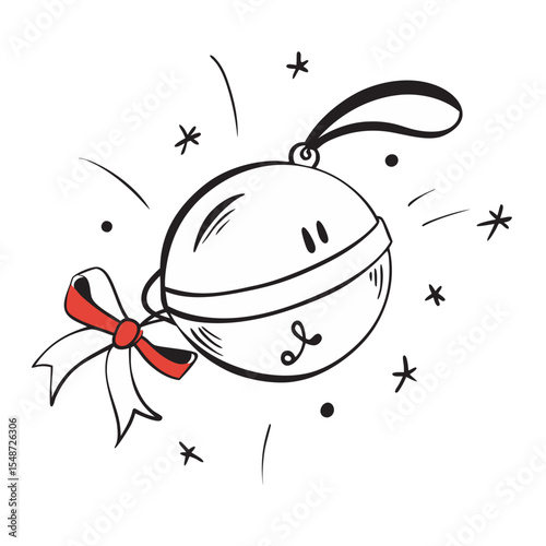 Hand-Drawn Jingle Bell Ornament with Bow, Festive Christmas Decoration