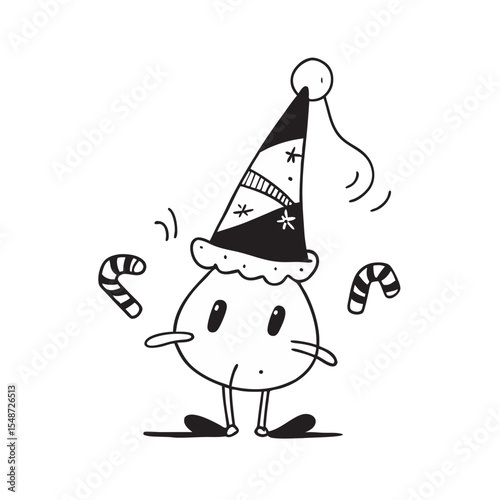 Festive Doodle Bird in Party Hat with Candy Canes