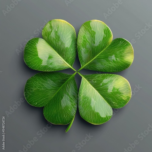 A vibrant four-leaf clover, a symbol of luck and good fortune, sits against a gray backdrop.