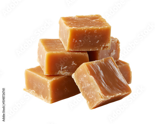 Stack of salted caramel fudge cubes with rich texture isolated on transparent background