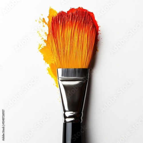 Paintbrush with vibrant orange and yellow paint strokes on white background, art supplies.