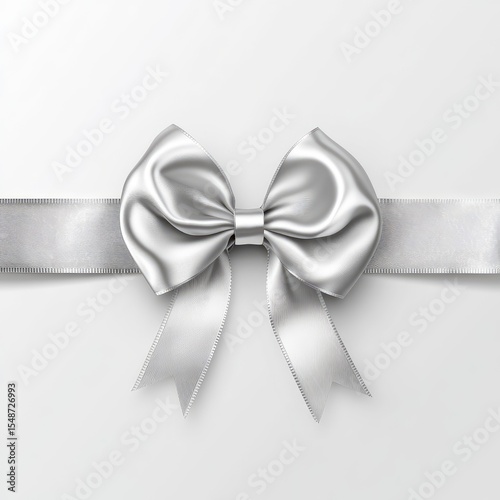 Elegant silver ribbon bow on white background, perfect for gift wrapping or festive decorations.