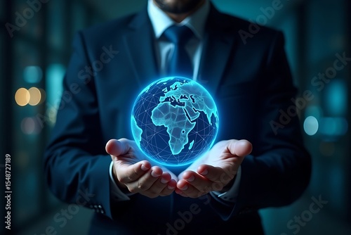 Global business technology solutions man holding digital earth globe network connection concept  