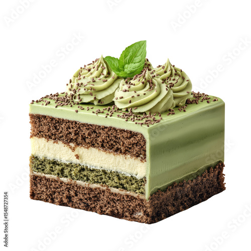 A delectable matcha cake slice, layered with chocolate and cream, topped with matcha frosting and chocolate sprinkles.