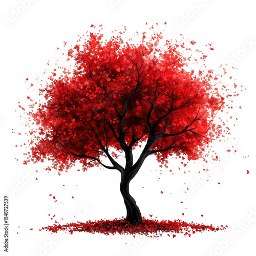 A vibrant red tree with falling leaves, artistically rendered against a black background.