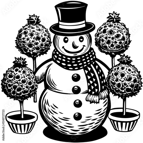 Festive Snowman with Ornamental Plants: Vintage Black and White Illustration