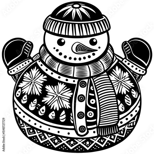 Ornate Winter Snowman Illustration: Black and White Festive Design