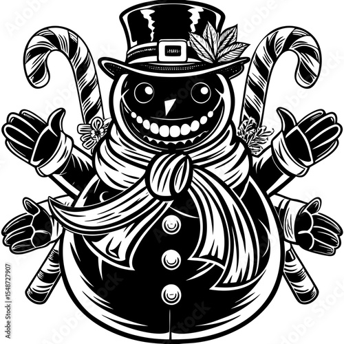 Grinning Snowman with Candy Canes - Vintage Christmas Illustration