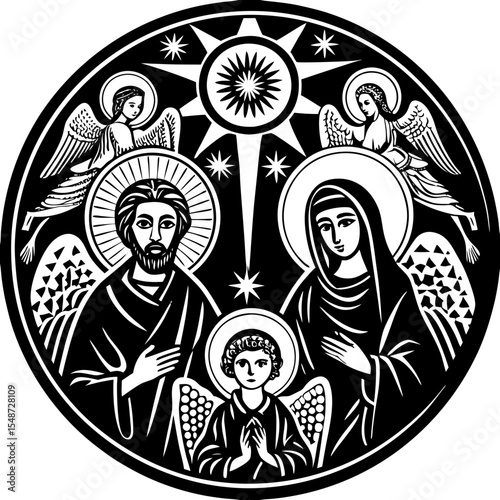 Holy Family with Angels and Star of Bethlehem - Black and White Religious Icon