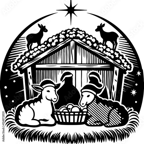Nativity Scene: Simple Black and White Illustration