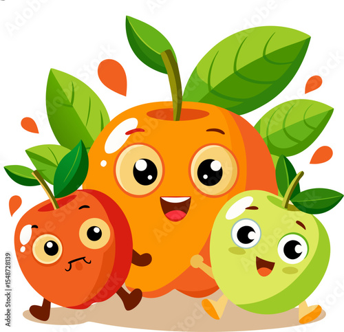 Cartoon apples and oranges playing hide and seek, vibrant vector with white background.