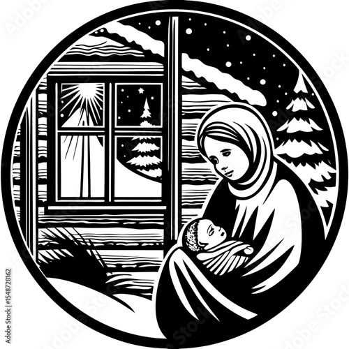 Madonna and Child in Winter: A Black and White Nativity Scene