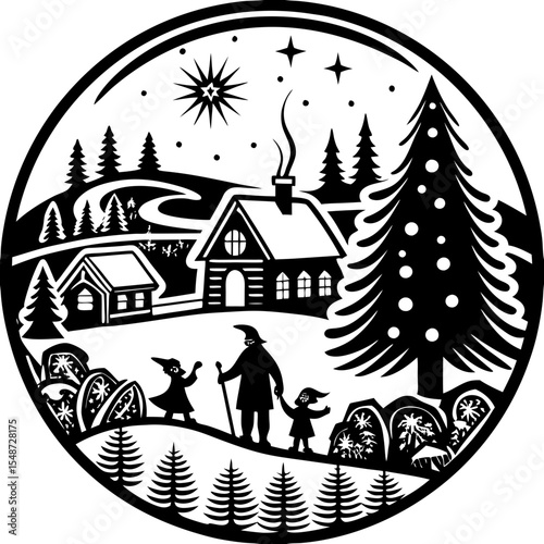 Winter Village Scene: Black and White Folk Art Illustration