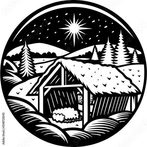 Nativity Scene, Black and White Illustration, Christmas Design, Holiday Graphic