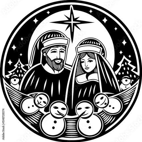 Black and White Nativity Scene with Snowmen: Christmas Religious Clipart