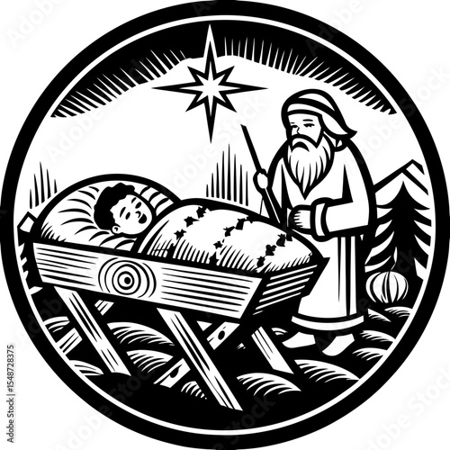 Vintage Nativity Scene Illustration: Black and White Christmas Design