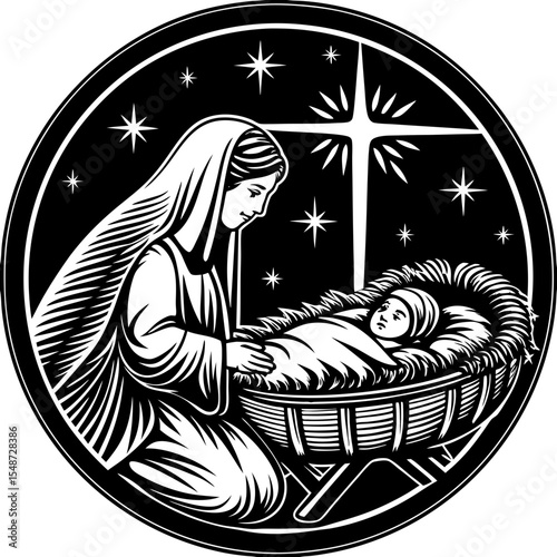 Nativity Scene, Black and White, Religious Christmas Vector Illustration,  Holy Family