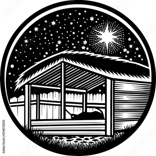 Black and White Nativity Scene, Christmas Stable Illustration, Religious Art, Winter Holiday Design