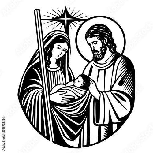 Black and White Holy Family Nativity Scene Illustration - Christian Religious Art