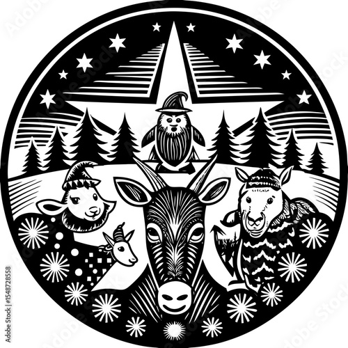 Winter Solstice Animals: Black & White Linocut Illustration, Holiday Design