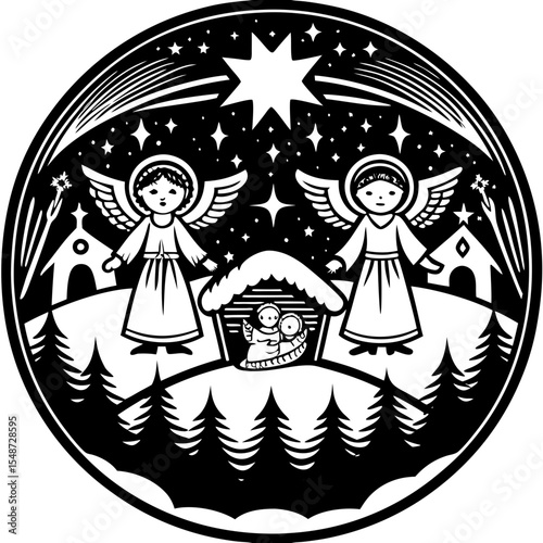 Black and White Nativity Scene Illustration: Christmas Angels, Star, Stable, Religious Art
