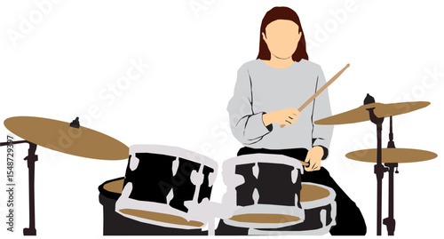 drummer playing drums, minimalist style, white background clip art preview